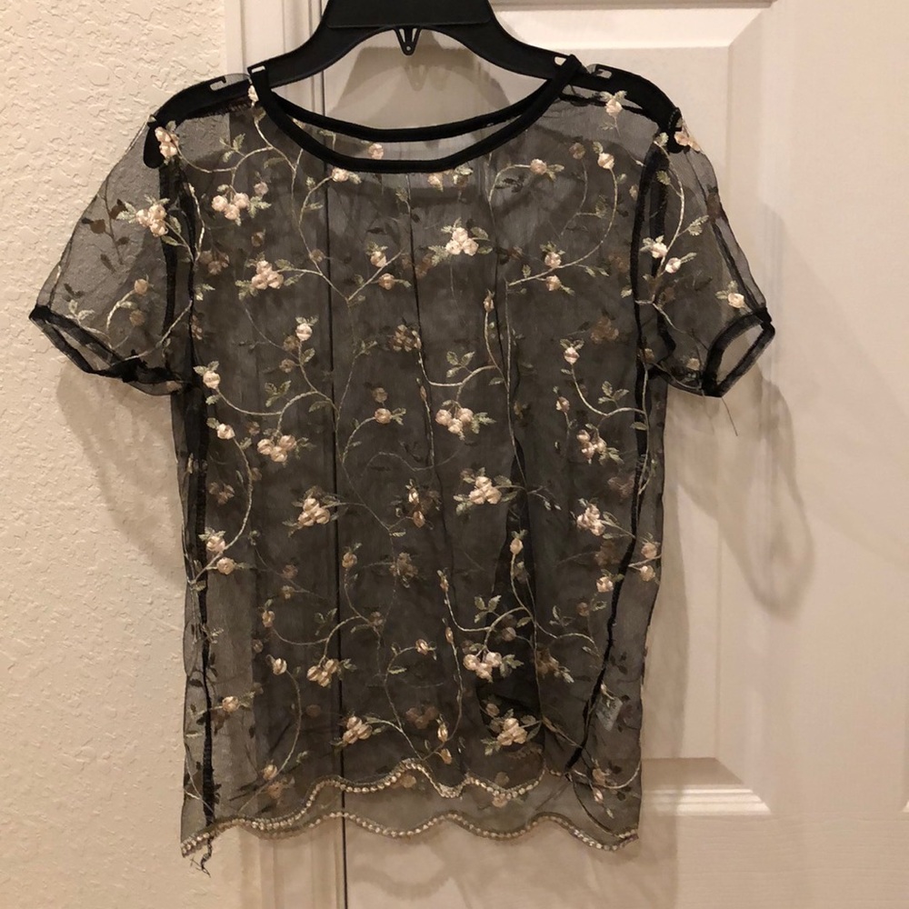 Women flower embroidered mesh top